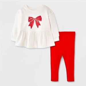 Baby Girls two piece set - Holiday Bow and ribbed Red Leggings Set